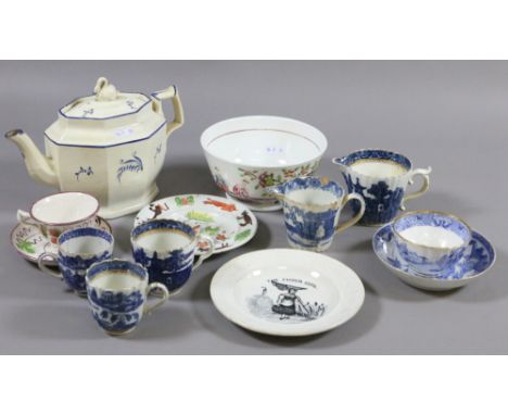 A collection of early C19th porcelain and pottery to include Caughley, childs plates, etc.
