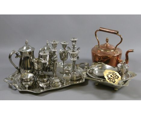 A collection of metalwares to include silver plated gallery tray and teaset, candelabra, antique copper kettle etc.
