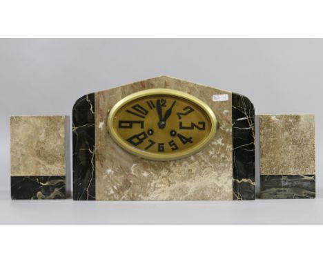 An art Deco French marble clock garniture, chiming half-hourly on a bell.