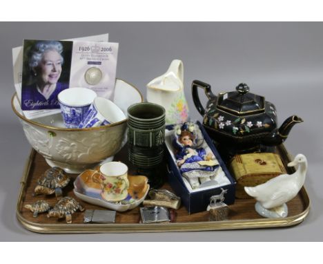 A tray of collectables to include Royal Worcester tyg, Noritake pin dish Ringtons, Waterford ceramic bowl, five pound commemo