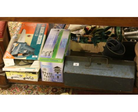 A good collection of engineers tools including Black & Decker reciprocating saw, mitre saw and 12 volt garden low voltage lig