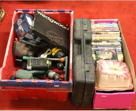 Two boxes of miscellaneous to include tools, laser spirit level, vintage cameras, DVDs, pottery, etc.