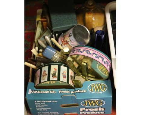 A box of miscellaneous including vintage tins, old cutlery, stoneware flagon and bottled cologne.