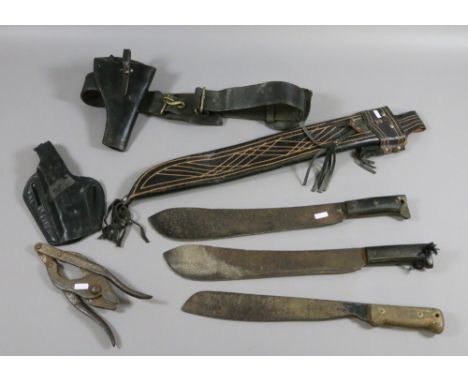 Three military machete a pair of folding barbed wire cutters, two leather gun holsters, one belt and a leather scabbard.