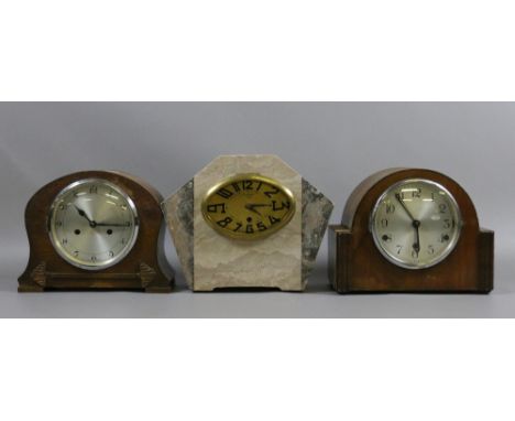 An Art Deco marble cased mantel clock along with a walnut cased Westminster mantel clock and one other.