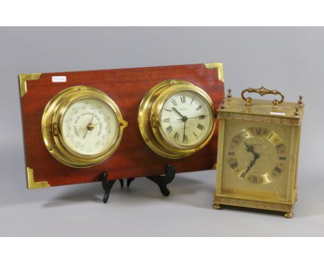A wall mounted clock and barometer combination along with a gilt metal mantel clock.