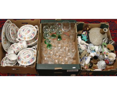 A box of miscellaneous ceramic ornaments, an onion shaped vase with a box of drinking glasses and a Pontesa thirty-five piece