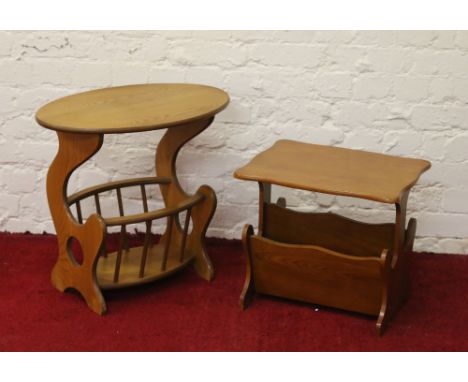 A teak magazine rack along with a light oak occasional table.