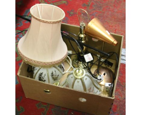 A box and contents of assorted table lamps along with a studio style spot lamp.
