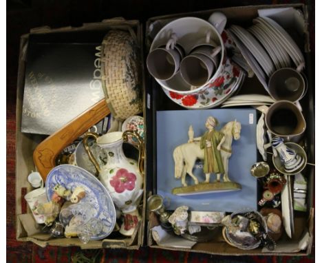 Two boxes of miscellaneous ceramics to include Poole, Royal Dux figure, boxed Wedgwood cabinet plates, ornaments, etc.