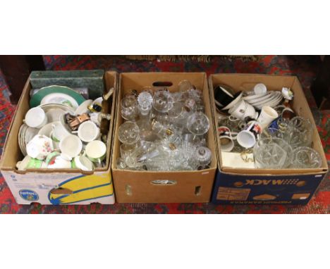 Three boxes of miscellaneous to include tea and glasswares, decanter, ornaments etc.
