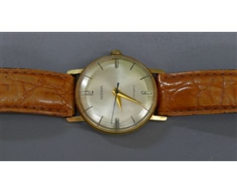 Herrenarmbanduhr Vintage 14 kt. Gelbgold, "Adora", Automatic, goldfarbenes Zifferblatt, aufgelegte Indexe, braunes Lederband,
