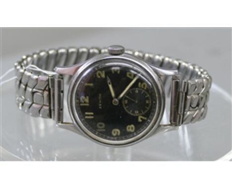 Militärarmbanduhr VintageStahlgehäuse, "Zenith", Handaufzug, schwarzes Zifferblatt, dezentrale Sekunde, arabische Zahlen, an 