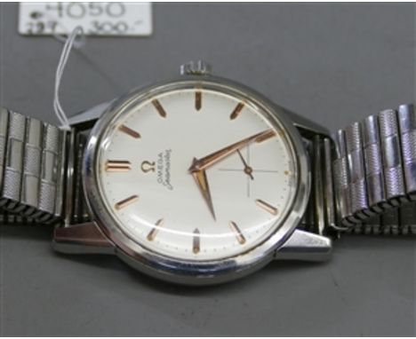 Herrenarmbanduhr, VintageStahlgehäuse, "Omega", Seamaster, Handaufzug, weißes Zifferblatt, rotvergoldete Zeiger und Indexe, d