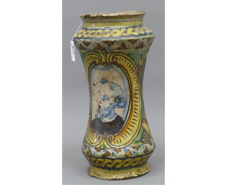 ApothekergefäßFayence, bemalt, Albarello, bestossen, beschädigt, 18./19. Jh., h 26 cm, 
