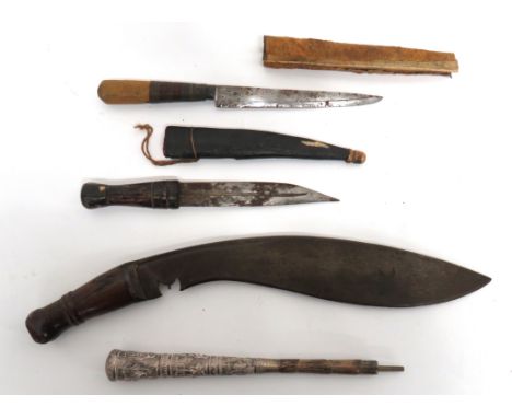 Three Various Knives consisting Indian kukri. &nbsp;13 3/4 inch, single edged blade of typical form. &nbsp;Steel ferrule. &nb