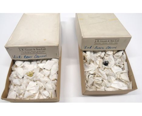 Large Quantity Of Rank Crowns consisting brass Queens crowns and similar blackened Queens crowns. &nbsp;Both types contained 