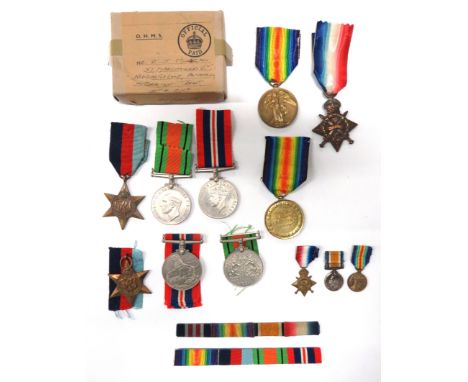 Small Selection Of WW1 And WW2 Medals consisting 2 x WW1 Victory medals named ""5200 Pte J J Evans W. York R"" ... ""801401 S