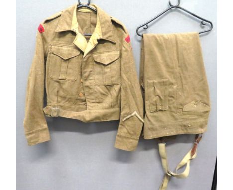 Royal Engineers 1937/40 Pattern Battle Dress Jacket And Trousers khaki woollen, single breasted, closed collar, short jacket.