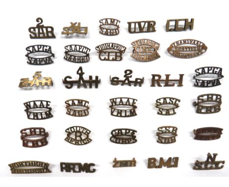 30 x South African Brass Shoulder Titles including 2.SAR ... XI.SAI ... 4.SAH ... RLI ... 5.ZAR ... RRMC .. Transvaal Scottis