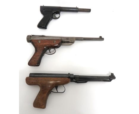 Three Various Air Pistols .22, 7 1/2 inch, blackened, fixed barrel. &nbsp;Front blade sight. &nbsp;Lower loading lever. &nbsp