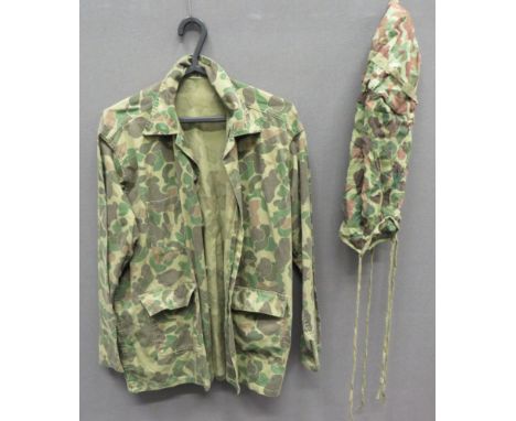 American USMC Herringbone Camouflaged Jacket And Helmet Cover green cotton jacket with brown, green and tan camouflage. Butto