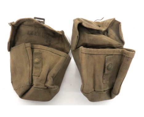 Pair Of WW2 Home Guard Ammunition Pouches khaki webbing, square shape pouches. &nbsp;The top flaps secured by a tab and press