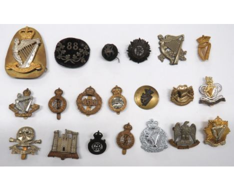 20 x Various Irish Orientated Badges including Officer silvered and green cord, KC Royal Irish Rifles boss ... White metal 88