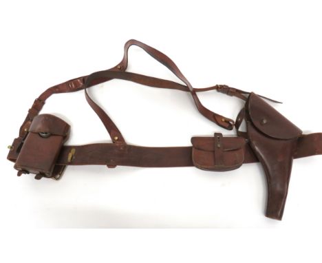 WW1 Period Officer's Double Brace Sam Browne Holster &amp; Torch Set consisting brown leather Sam Browne belt with brass fitt