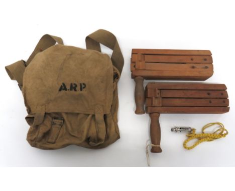 Four ARP Items consisting plated, tubular whistle marked ARP. &nbsp;Complete with yellow lanyard ... 2 x wooden rattles, both