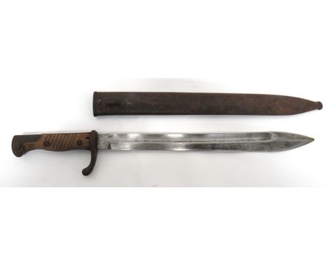 Imperial German Seitengewehr M1898/05 Butcher Bayonet 14 1/4 inch, single edged blade widening towards the point. Wide fuller