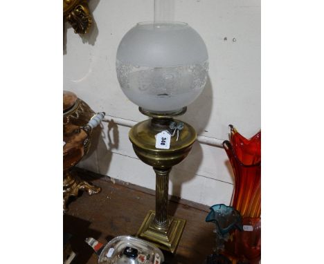 A Square Based Brass Column Oil Lamp With Etched Glass Shade