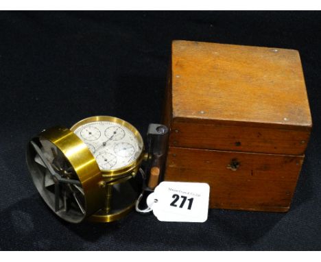 A Rare Lacquer Brass Finish Anemometer By Davis &amp; Son, Derby In Original Mahogany Box