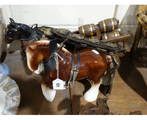 Two Mid 20th Century Pottery Model Shire Horses, Together With A Cart &amp; Miniature Horse Brasses