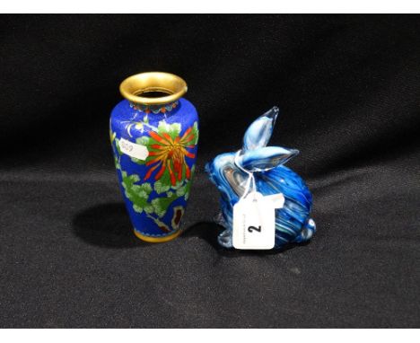 A Small Cloisonne Vase, Together With A Small Signed Glass Model Rabbit