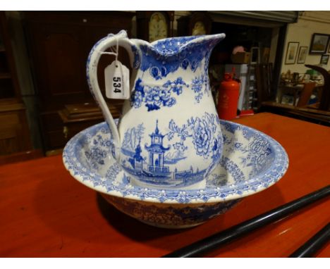 A Staffordshire Pottery Blue &amp; White Transfer Decorated Wash Jug &amp; Basin