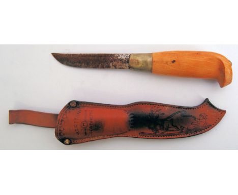 A mid 20th century wooden handled knife in leather casing. Made by Marttiini of Finland. Engraved on back of case ' Naantali 