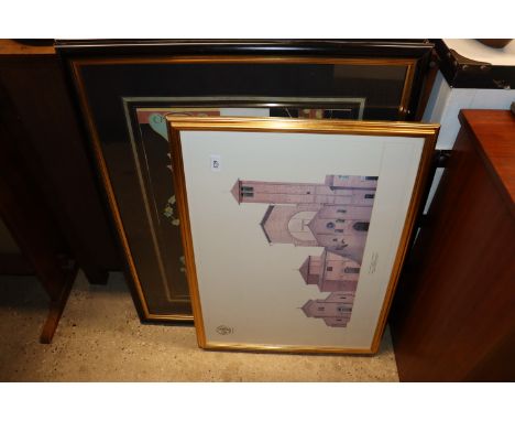 Three coloured prints depicting classical friezes and another architectural print