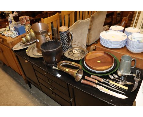 An antique copper jug; a coppered pail; a copper and brass bugle; various other metal ware etc. 