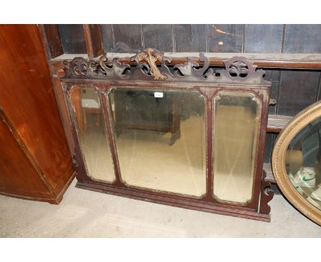 A 19th Century mahogany Chippendale style three section chimney mirror with ho ho bird decoration AF