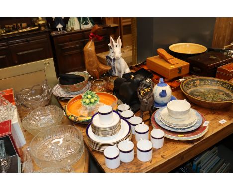A collection of various china and pottery including Spode coffee cans and saucers, a wooden model of a duck, a china hare etc