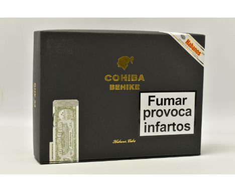 CIGARS, One Box of 10 COHIBA BEHIKE BHK 54 Cigars, outer box seal (broken) has a barcode, inner lacquered box (opened) in a v