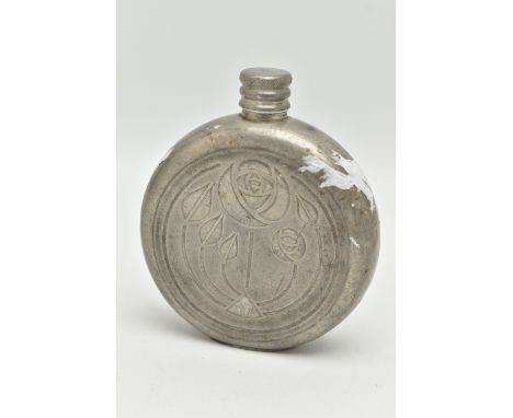 A PEWTER HIP FLASK OF CIRCULAR FORM EMBOSSED WITH CHARLES RENNIE MACKINTOSH STYLE FLOWERS TO THE FRONT, screw cap, indistinct