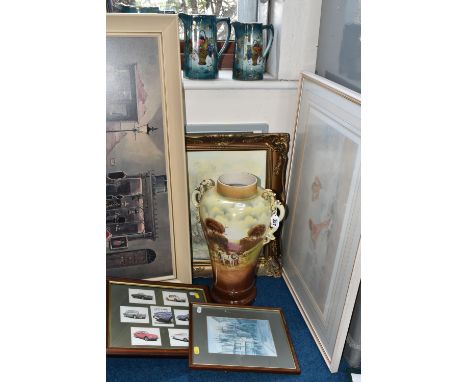 TWO BOXED MID-CENTURY PROJECTOR SCREENS, a folding projector stand, seven framed prints, three graduated pitchers, and a larg