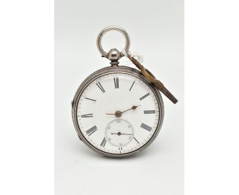 A MID VICTORIAN SILVER OPEN FACE POCKET WATCH, key wound movement, Roman numerals, second subsidiary dial at the six o'clock 