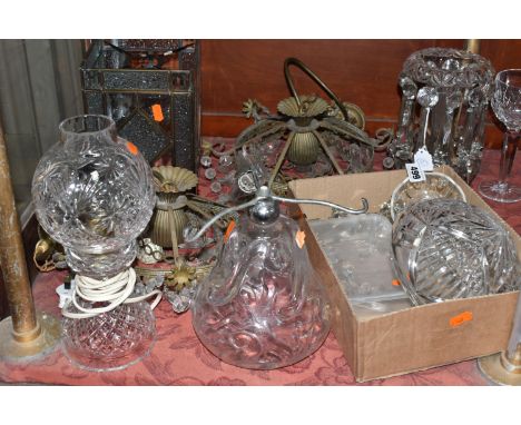 ANTIQUE / VINTAGE GLASS LIGHTING ETC, to include a clear glass lustre with a small chip to the inside of the base rim, glass 