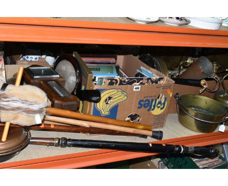 THREE BOXES OF METALWARE AND SUNDRIES, to include a copper kettle, brass jam pan, copper funnel, brass wall light fittings, c