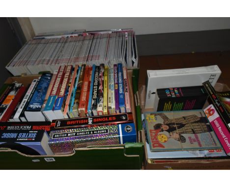 TWO BOXES OF ROCK AND POP RELATED BOOKS AND MAGAZINES, to include volumes I, II &amp; IV of Elton John's Sotherby's auction c