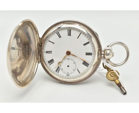 AN EDWARDIAN SILVER FULL HUNTER POCKET WATCH, key wound movement, Roman numerals, second subsidiary dial at the six o'clock p