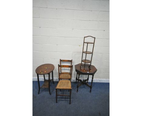 A SELECTION OF 20TH CENTURY OCCASIONAL FURNITURE, to include an octagonal centre table, raised on turned legs, united by a cr